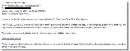 suspicious emails warns txdmv