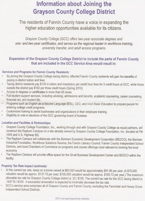 Information about Fannin County joining the Grayson County College 